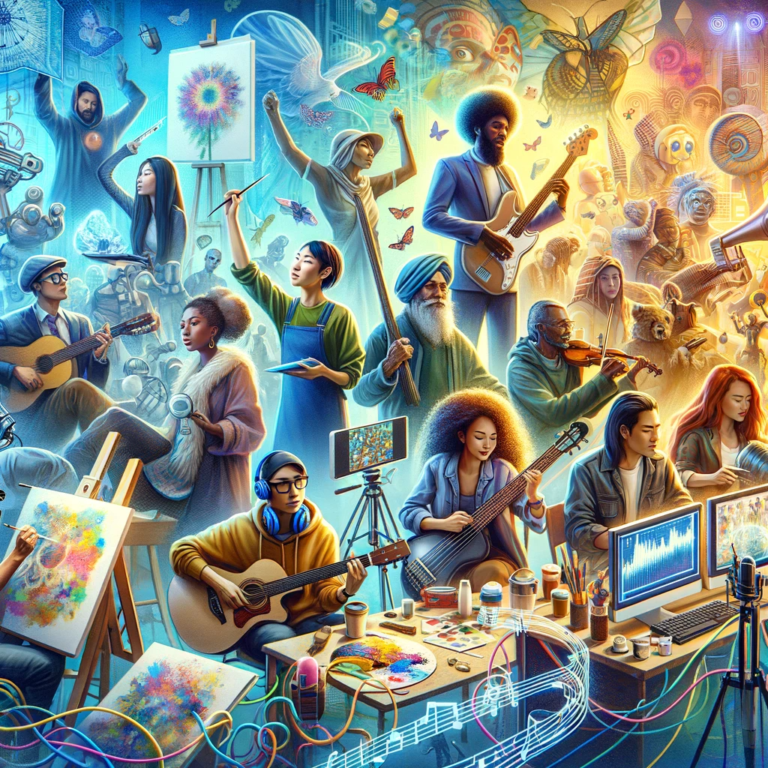 progetto artistico #A.R.T.I.S.T.A. Questa rappresentazione vivace e colorata illustra l'interazione e la collaborazione all'interno di una comunità artistica diversificata.