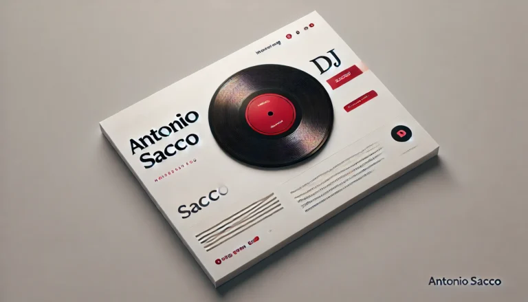 A minimalist blog header design for 'antoniosacco.com', a DJ-themed blog. The header includes a sleek, modern representation of a vinyl 2