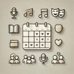 A minimalistic yet elegant illustration representing an annual calendar of cultural and community events. Use simple, stylized icons such as a music n