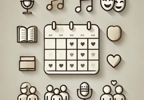 A minimalistic yet elegant illustration representing an annual calendar of cultural and community events. Use simple, stylized icons such as a music n