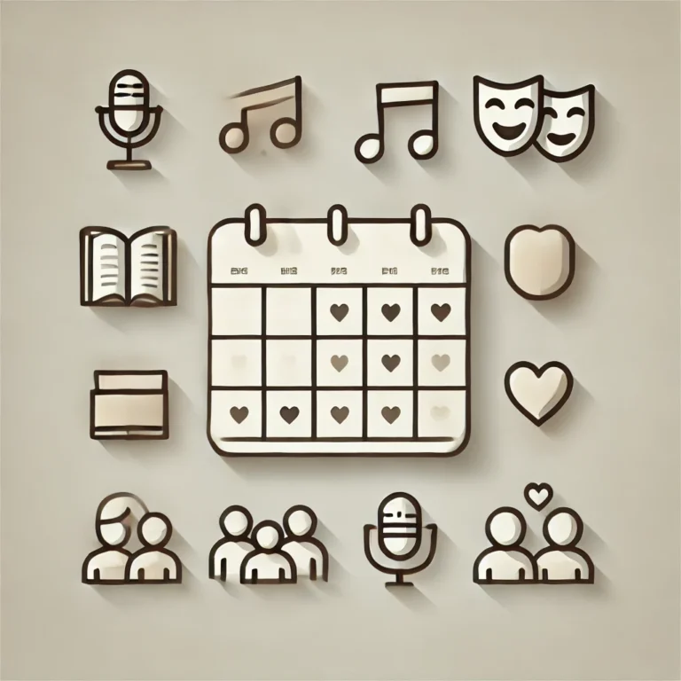 A minimalistic yet elegant illustration representing an annual calendar of cultural and community events. Use simple, stylized icons such as a music n